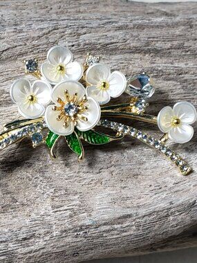 New Dogwood or Cherry Blossom White Enamel Brooch White and Gold Rhinestones